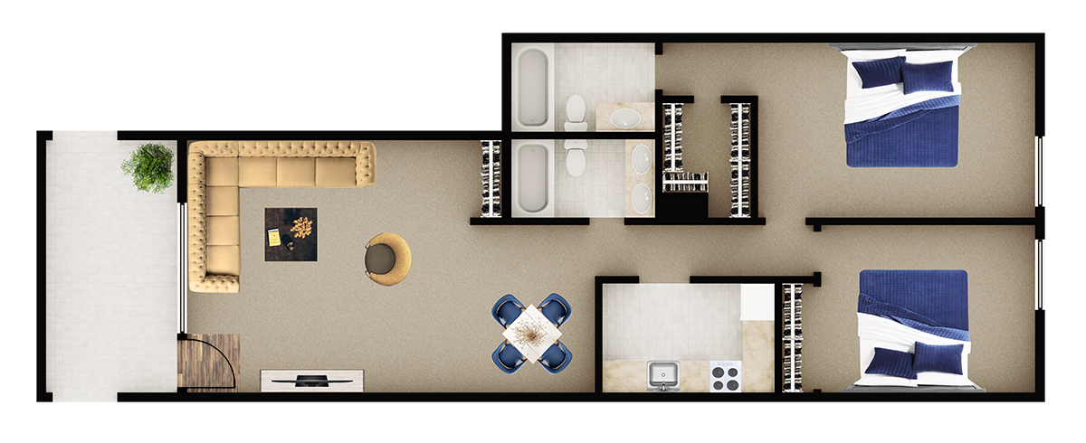 Floor plan for 2 beds, 2 baths, 1013 sqft