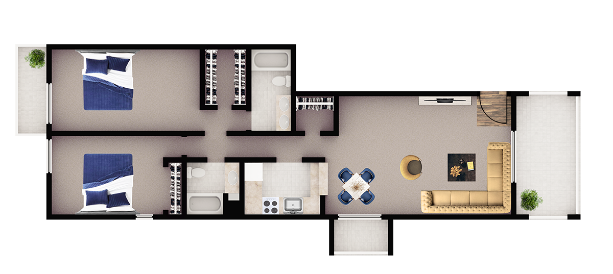 Floor plan for 2 beds, 2 baths, 1029 sqft
