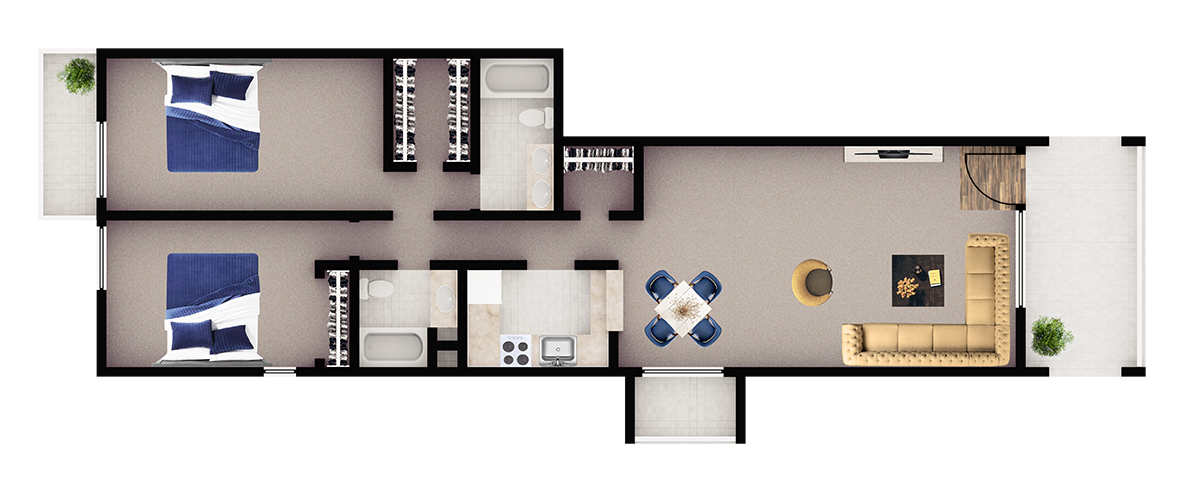 Floor plan for 2 beds, 2 baths, 1154 sqft