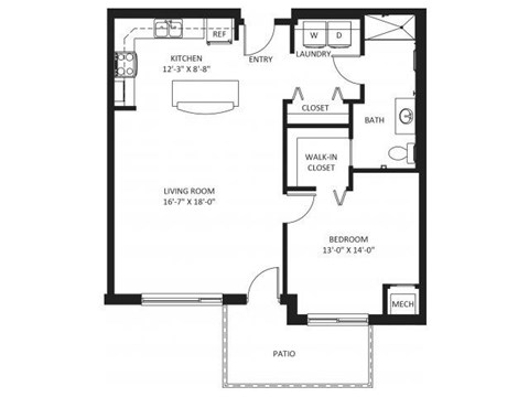 Floor plan for 1 bed, 1 bath, 899 sqft