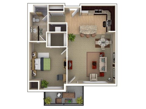 Floor plan for 1 bed, 1 bath, 899 sqft