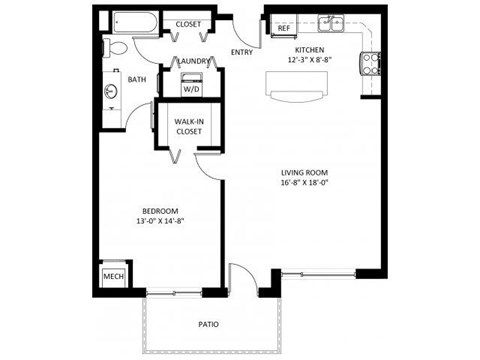 Floor plan for 1 bed, 1 bath, 912 sqft