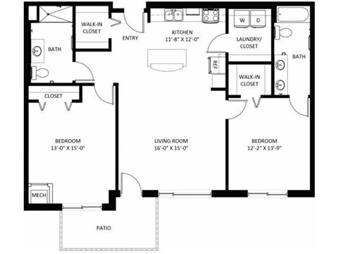 Floor plan for 2 beds, 2 baths, 1243 sqft