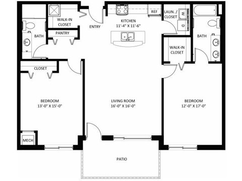 Floor plan for 2 beds, 2 baths, 1270 sqft