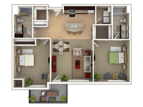 Floor plan for 2 beds, 2 baths, 1243 sqft