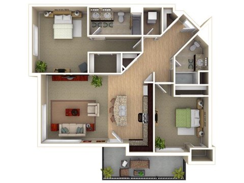 Floor plan for 2 beds, 2 baths, 1287 sqft