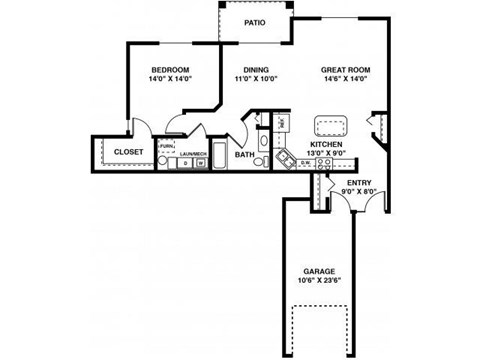 Floor plan for 1 bed, 1 bath, 967 sqft