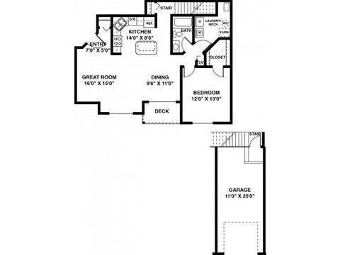Floor plan for 1 bed, 1 bath, 903 sqft