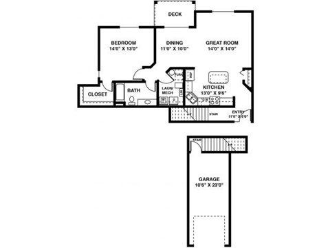 Floor plan for 1 bed, 1 bath, 946 sqft