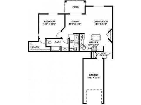 Floor plan for 1 bed, 1 bath, 946 sqft
