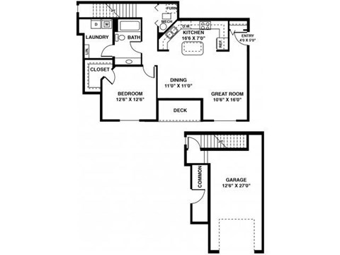 Floor plan for 1 bed, 1 bath, 891 sqft