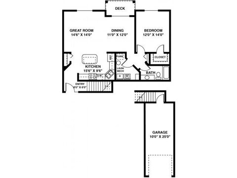 Floor plan for 1 bed, 1 bath, 926 sqft