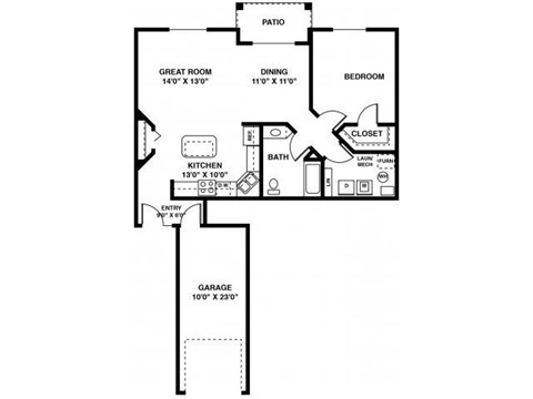 Floor plan for 1 bed, 1 bath, 939 sqft