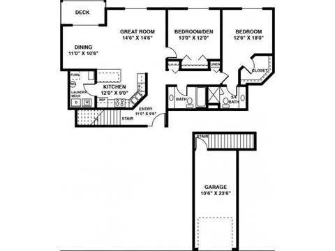 Floor plan for 2 beds, 2 baths, 1262 sqft