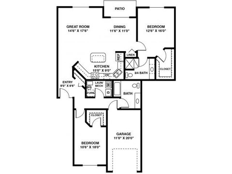 Floor plan for 2 beds, 2 baths, 1357 sqft