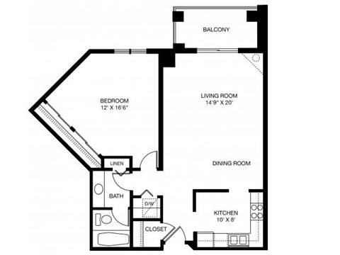 Floor plan for 1 bed, 1 bath, 843 sqft