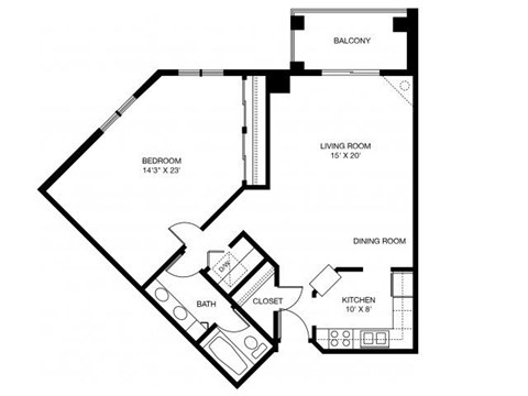 Floor plan for 1 bed, 1 bath, 956 sqft