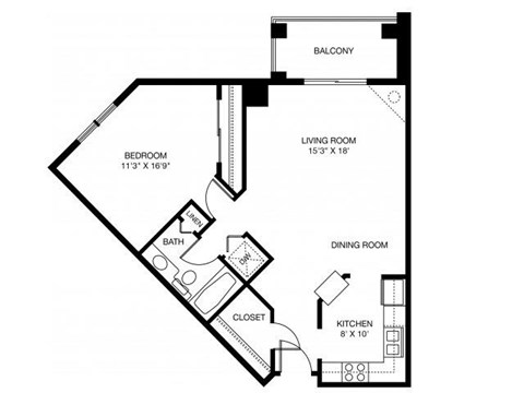 Floor plan for 1 bed, 1 bath, 781 sqft