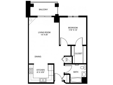 Floor plan for 1 bed, 1 bath, 760 sqft