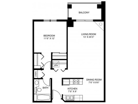 Floor plan for 1 bed, 1 bath, 761 sqft