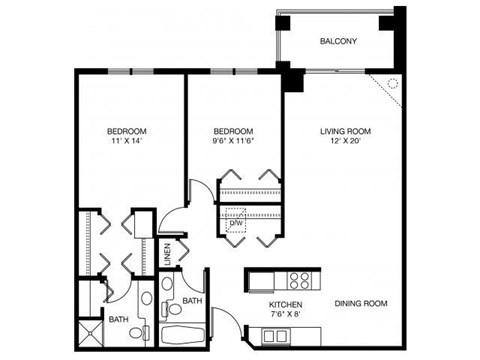 Floor plan for 2 beds, 2 baths, 1016 sqft