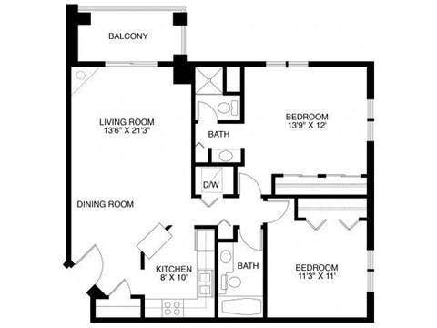 Floor plan for 2 beds, 2 baths, 1010 sqft
