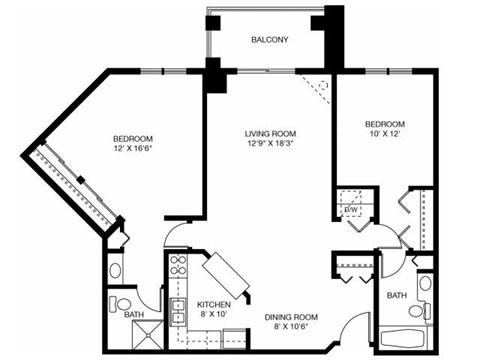 Floor plan for 2 beds, 2 baths, 1096 sqft
