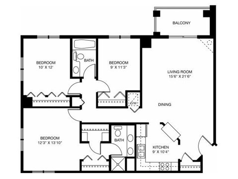 Floor plan for 3 beds, 2 baths, 1246 sqft
