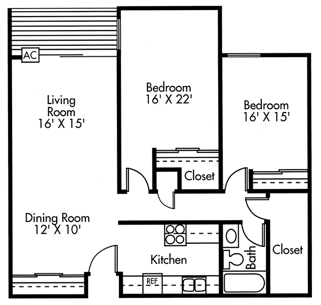 Floor plan for 2 beds, 1 bath, 994 sqft