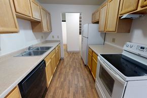 Hopkins apartment for rent - Kitchen with appliances and wooden shelves