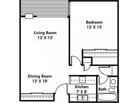 Floor plan for 1 bed, 1 bath, 730 sqft