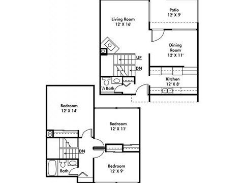 Floor plan for 3 beds, 1.5 baths, 1600 sqft
