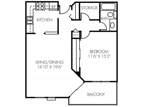 Floor plan for 1 bed, 1 bath, 770 sqft