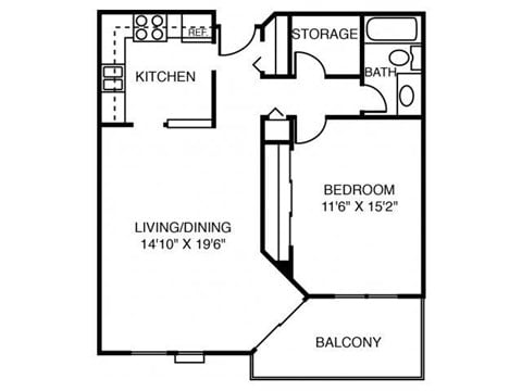Floor plan for 1 bed, 1 bath, 770 sqft