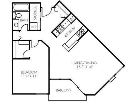 Floor plan for 1 bed, 1 bath, 808 sqft