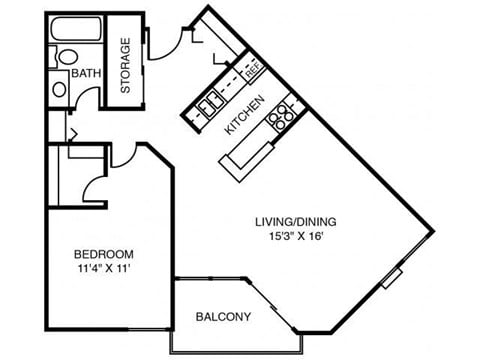 Floor plan for 1 bed, 1 bath, 808 sqft