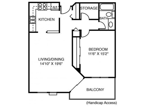 Floor plan for 1 bed, 1 bath, 770 sqft