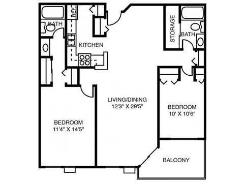 Floor plan for 2 beds, 2 baths, 1008 sqft