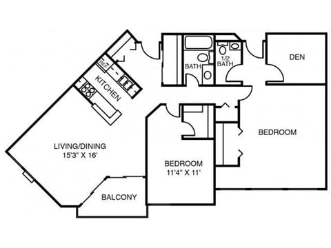 Floor plan for 2 beds, 1.5 baths, 1233 sqft