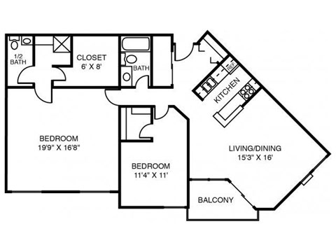Floor plan for 2 beds, 2 baths, 1233 sqft