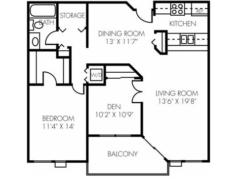 Floor plan for 2 beds, 1 bath, 1008 sqft