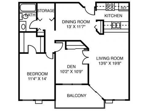 Floor plan for 2 beds, 1 bath, 1008 sqft