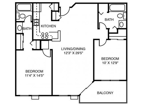 Floor plan for 2 beds, 2 baths, 1008 sqft