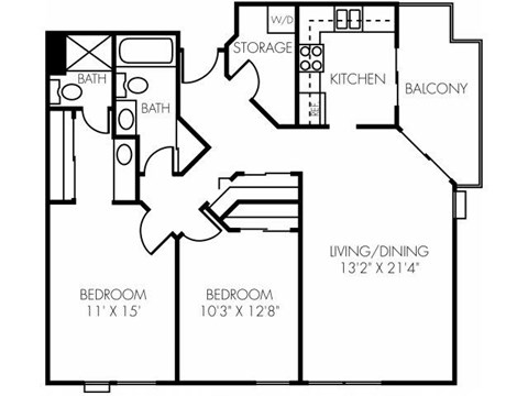 Floor plan for 2 beds, 2 baths, 1064 sqft