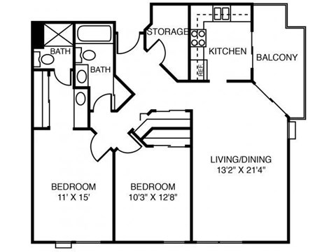 Floor plan for 2 beds, 2 baths, 1064 sqft