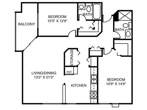 Floor plan for 2 beds, 2 baths, 1064 sqft
