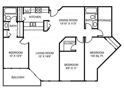 Floor plan for 3 beds, 2 baths, 1270 sqft