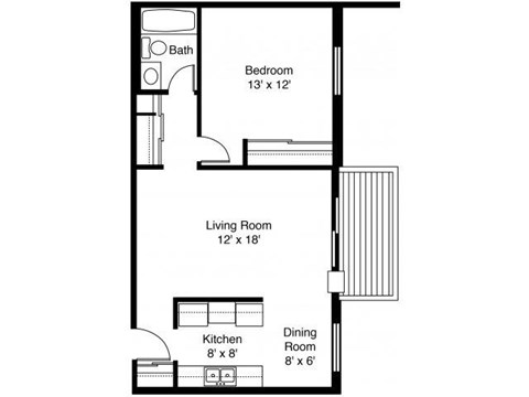 Floor plan for 1 bed, 1 bath, 663 sqft