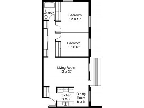 Floor plan for 2 beds, 1 bath, 926 sqft