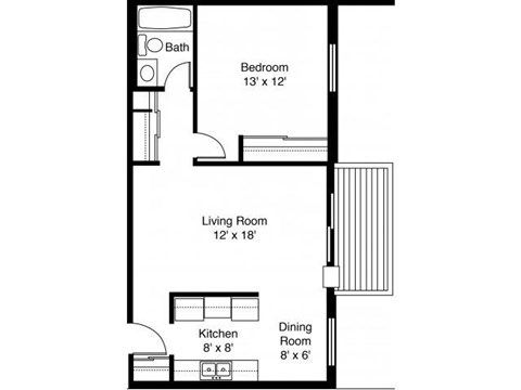 Floor plan for studio, 1 bath, 600 sqft
